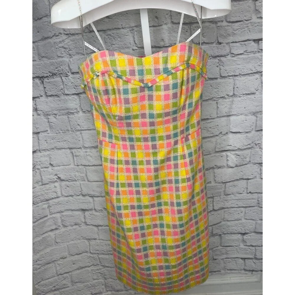 Lilly Pulitzer Boucle Fringe Bibi Strapless Check Plaid Dress Size 4 - Picture 9 of 11
